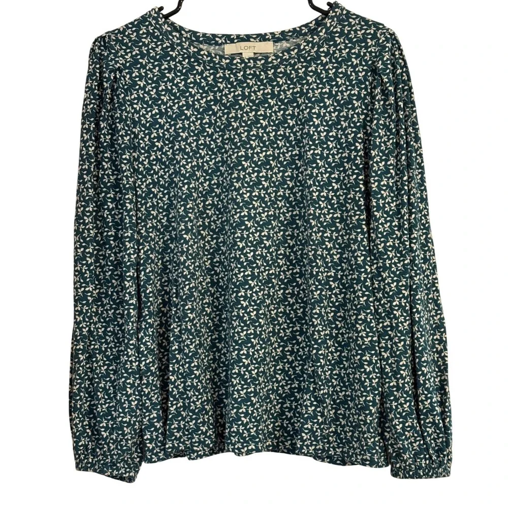 LOFT Womens‎ Teal Green Floral Leaf Print Cotton Long Sleeve Puff Shoulder Top L